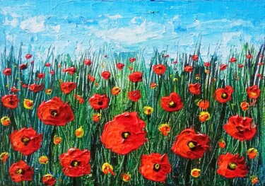 Painting titled "Coquelicots et fleu…" by Sabrina Riggio, Original Artwork, Acrylic Mounted on Wood Stretcher frame