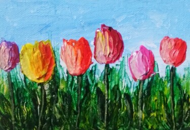 Painting titled "Tulipes multicolores" by Sabrina Riggio, Original Artwork, Acrylic Mounted on Wood Stretcher frame