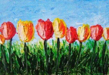 Painting titled "Tulipes rouges et j…" by Sabrina Riggio, Original Artwork, Acrylic Mounted on Wood Stretcher frame