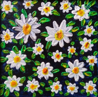 Painting titled "Marguerites" by Sabrina Riggio, Original Artwork, Acrylic Mounted on Wood Panel