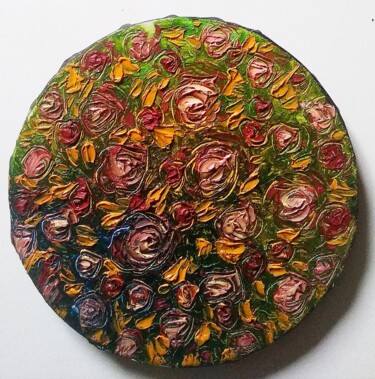 Painting titled "Roses jaunes" by Sabrina Riggio, Original Artwork, Oil Mounted on Wood Stretcher frame