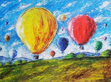 Painting titled "Les montgolfières" by Sabrina Riggio, Original Artwork, Acrylic Mounted on Cardboard