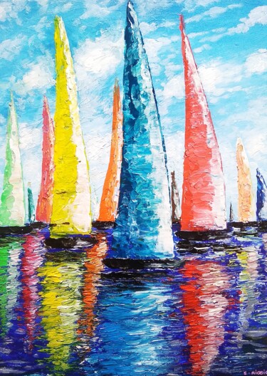 Картина под названием "Voiliers sur la mer" - Sabrina Riggio, Подлинное произведение искусства, Акрил Установлен на Деревянн…