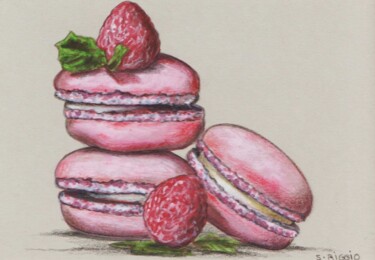 Disegno intitolato "Macarons à la framb…" da Sabrina Riggio, Opera d'arte originale, Matita