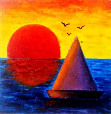 Painting titled "Coucher de soleil" by Sabrina Riggio, Original Artwork, Acrylic Mounted on Cardboard