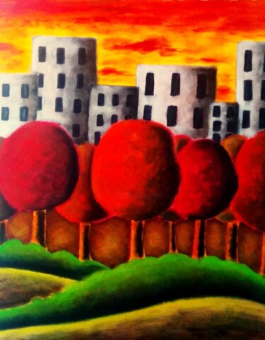 Malerei mit dem Titel "Au dela de la ville" von Sabrina Riggio, Original-Kunstwerk, Acryl
