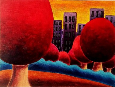 Peinture intitulée "Au dela de la ville…" par Sabrina Riggio, Œuvre d'art originale, Acrylique