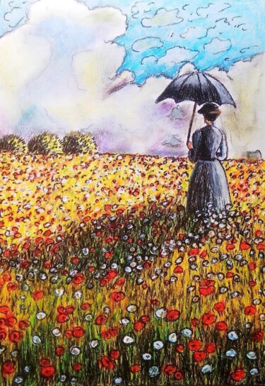 Dessin intitulée "La femme au paraplu…" par Sabrina Riggio, Œuvre d'art originale, Pastel