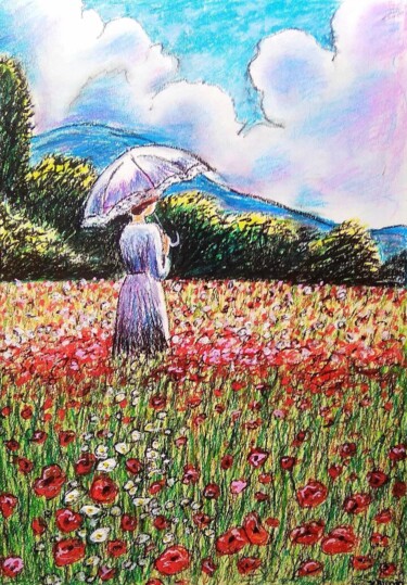 Dessin intitulée "La femme au paraplu…" par Sabrina Riggio, Œuvre d'art originale, Pastel
