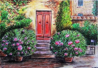 Dessin intitulée "La porte fleurie" par Sabrina Riggio, Œuvre d'art originale, Pastel