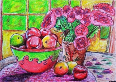 Drawing titled "Des pommes et des r…" by Sabrina Riggio, Original Artwork, Pastel