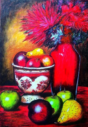 Rysunek zatytułowany „Fleurs rouges et fr…” autorstwa Sabrina Riggio, Oryginalna praca, Pastel