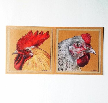 Drawing titled "Coq et poule" by Sabrina Riggio, Original Artwork, Pencil