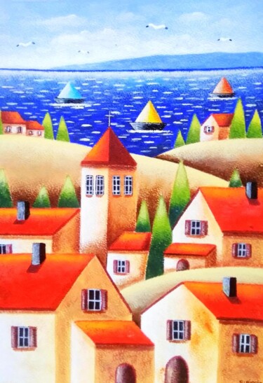 Pintura intitulada "Bel été en mer" por Sabrina Riggio, Obras de arte originais, Acrílico