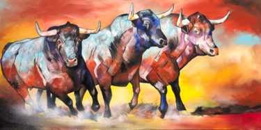 Schilderij getiteld "running bulls" door Sabrina Seck, Origineel Kunstwerk, Acryl