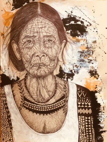 Dessin intitulée "Apo Whang-Od carnet…" par Sabrina Tetaz, Œuvre d'art originale, Stylo à bille Monté sur Châssis en bois