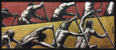 Rameurs et feuille d'or Peinture intitulée "Rameurs et feuille…" par Sacha Schwarz, Œuvre d'art originale, Acrylique Monté sur Châssis