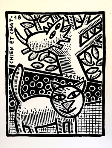 Gravures & estampes intitulée "Chien et chat" par Sacha Schwarz, Œuvre d'art originale, Sérigraphie