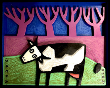 Peinture intitulée "Vache et arbres" par Sacha Schwarz, Œuvre d'art originale, Acrylique