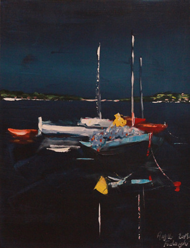 Peinture intitulée "40-bateau-sur-le-ba…" par Angelo, Œuvre d'art originale