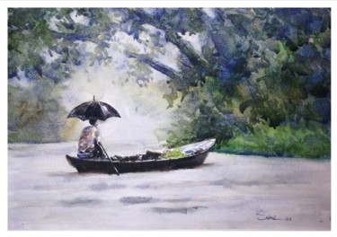 Painting titled "The Rainy music" by Sada Canvas, Original Artwork, Watercolor