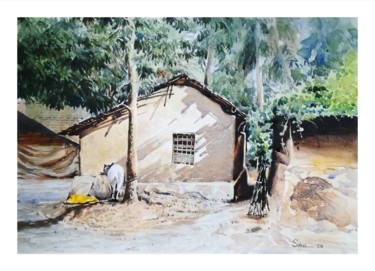 Malerei mit dem Titel "Bangladesi Village" von Sada Canvas, Original-Kunstwerk, Aquarell