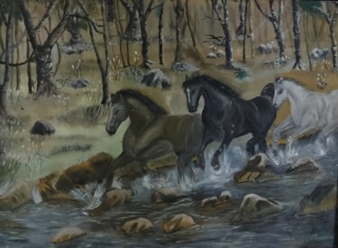 Painting titled "Free Soul Horses" by Sadia Mahmood, Original Artwork, Oil