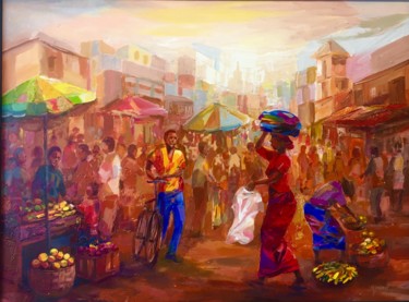 Peinture intitulée "Scène de marché  af…" par Mominet Sadia Roland, Œuvre d'art originale, Acrylique