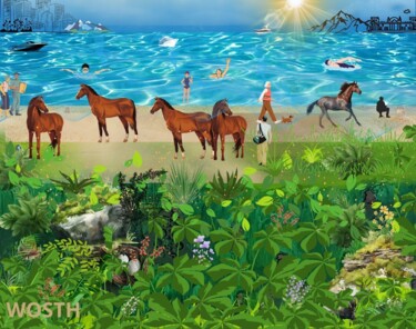Digital Arts titled "Les chevaux à la pl…" by Safia Wosth, Original Artwork, Digital Collage Mounted on Other rigid panel