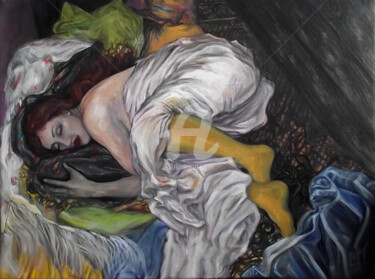 Painting titled "Young woman asleep" by Safir & Rifas, Original Artwork, Oil