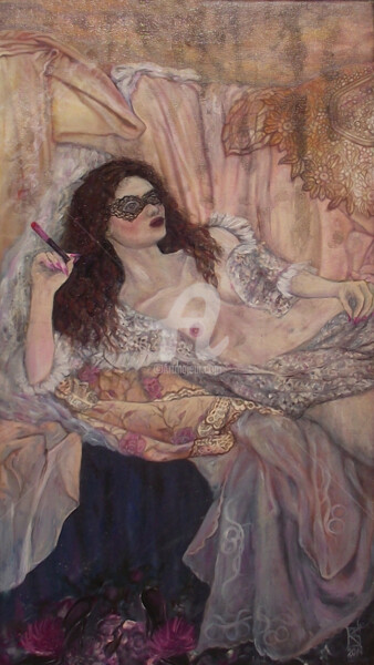 Painting titled "Aurora's boudoir" by Safir & Rifas, Original Artwork, Oil Mounted on Wood Stretcher frame