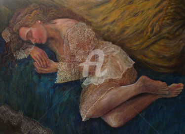 Painting titled "Dreaming in Blue" by Safir & Rifas, Original Artwork, Oil Mounted on Wood Stretcher frame