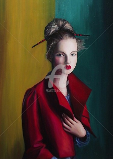 The girl in a red jacket Peinture intitulée "The girl in a red j…" par Safir & Rifas, Œuvre d'art originale, Huile Monté sur Châssis
