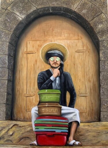 Painting titled "A seller from Old S…" by Sahar Hasan Al-Louthai, Original Artwork, Oil Mounted on Wood Panel