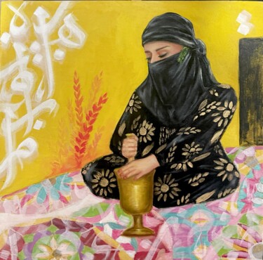 Peinture intitulée "Wheat spike" par Sahar Hasan Al-Louthai, Œuvre d'art originale, Huile Monté sur Panneau de bois