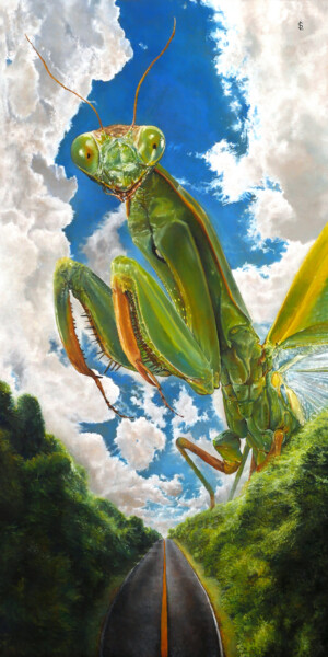 Painting titled "The Guardian Mantis" by Sailev, Original Artwork, Oil Mounted on Wood Stretcher frame