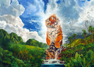 Painting titled "Le Tigre Arroseur" by Sailev, Original Artwork, Oil Mounted on Wood Stretcher frame
