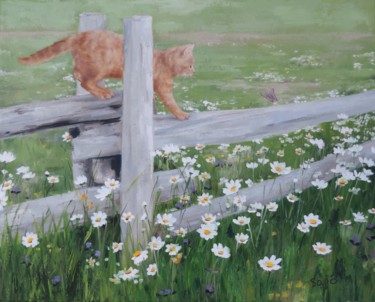 Pintura intitulada "Dans le champ fleuri" por Sajó, Obras de arte originais, Óleo