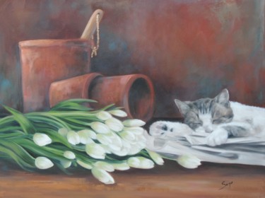 Painting titled "Le chat dormant" by Sajó, Original Artwork, Oil