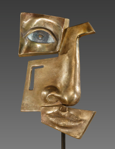Sculpture titled "TETE AU CARRE" by Sak, Original Artwork, Bronze