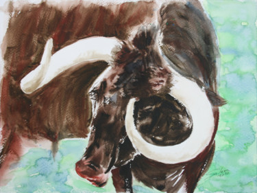 BULL I - ANIMAL PORTRAIT Картина под названием "BULL I - ANIMAL POR…" - Svetlana Samovarova, Подлинное произведение искусства, Акварель