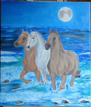 Pintura intitulada "chevaux sur la plage" por Robert Saldana, Obras de arte originais, Óleo
