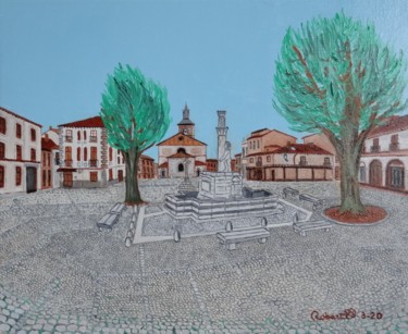 Schilderij getiteld "La Plaza del Grano" door Robert Saldana, Origineel Kunstwerk, Olie