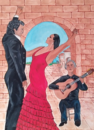 Malerei mit dem Titel "Groupe de Flamenco" von Robert Saldana, Original-Kunstwerk, Öl