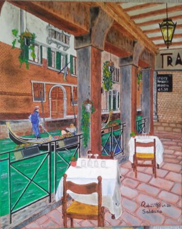 Painting titled "Trattoria à Venise" by Robert Saldana, Original Artwork, Oil