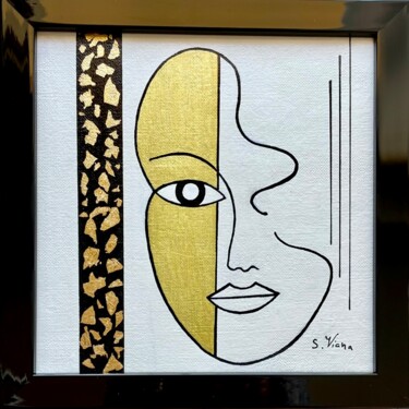 Drawing titled "Black & Gold 8" by Salette Viana, Original Artwork, Acrylic Mounted on Wood Stretcher frame