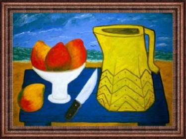 Painting titled "Mangos in a Blue ta…" by Francisco Vidal, Original Artwork, Oil