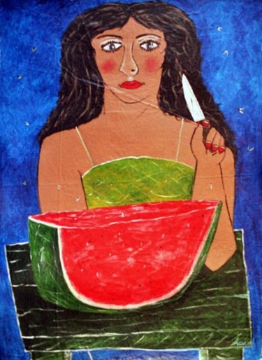 Painting titled "Girl with watermelon" by Francisco Vidal, Original Artwork, Oil