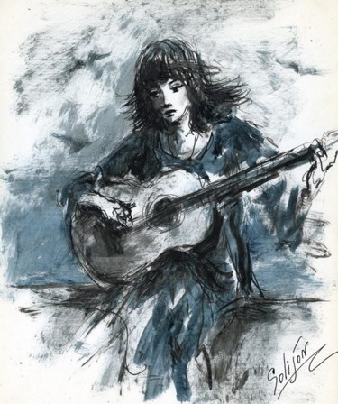 Drawing titled "девушка с гитарой" by Salidjon Mamatkulov, Original Artwork