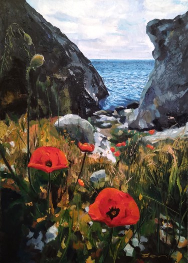 Painting titled "Red bay" by Yanis Salimov, Original Artwork, Oil Mounted on Wood Panel